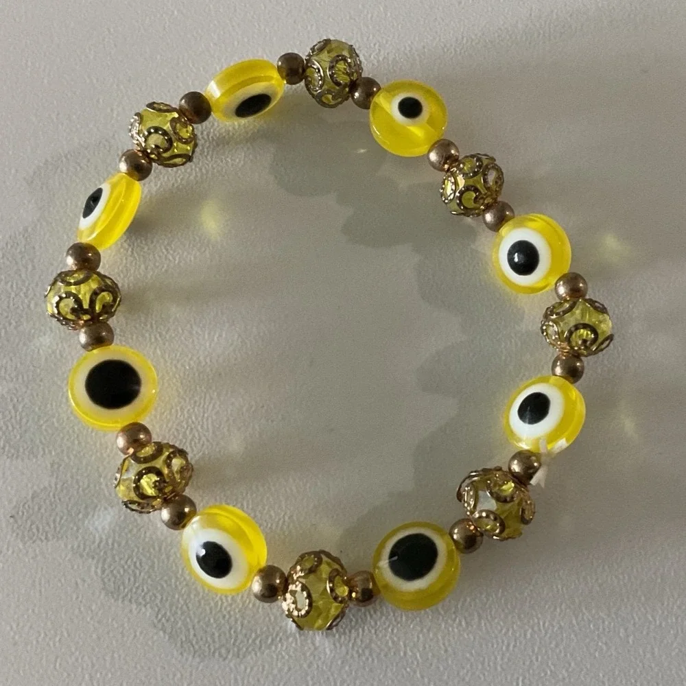 Alex and Ani Yellow Evil Eye Beaded Stretch Bracelet Gold Tone Filigree NWOT